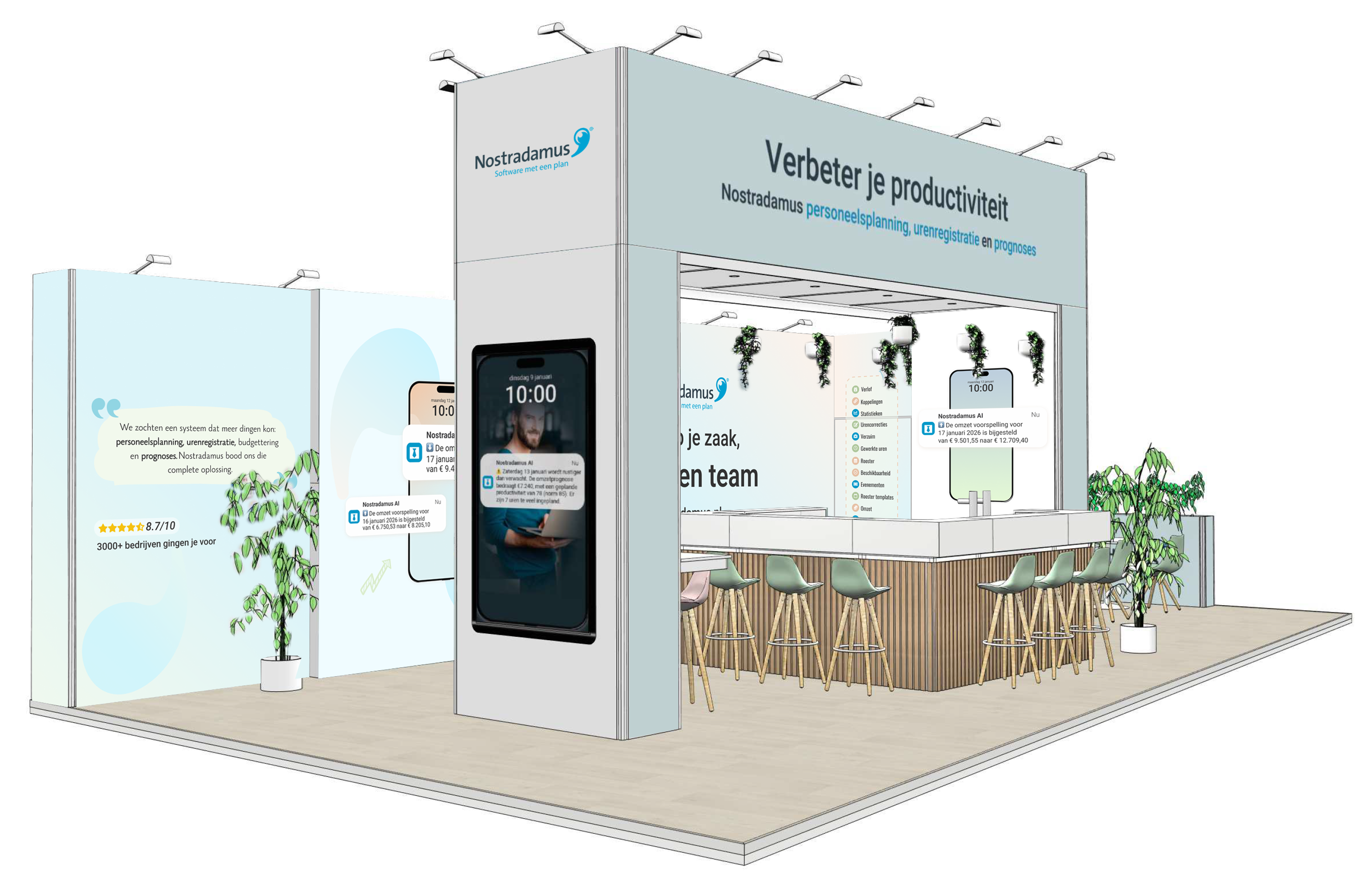 Horecava 2026 stand 3D render, front corner view with bar seating