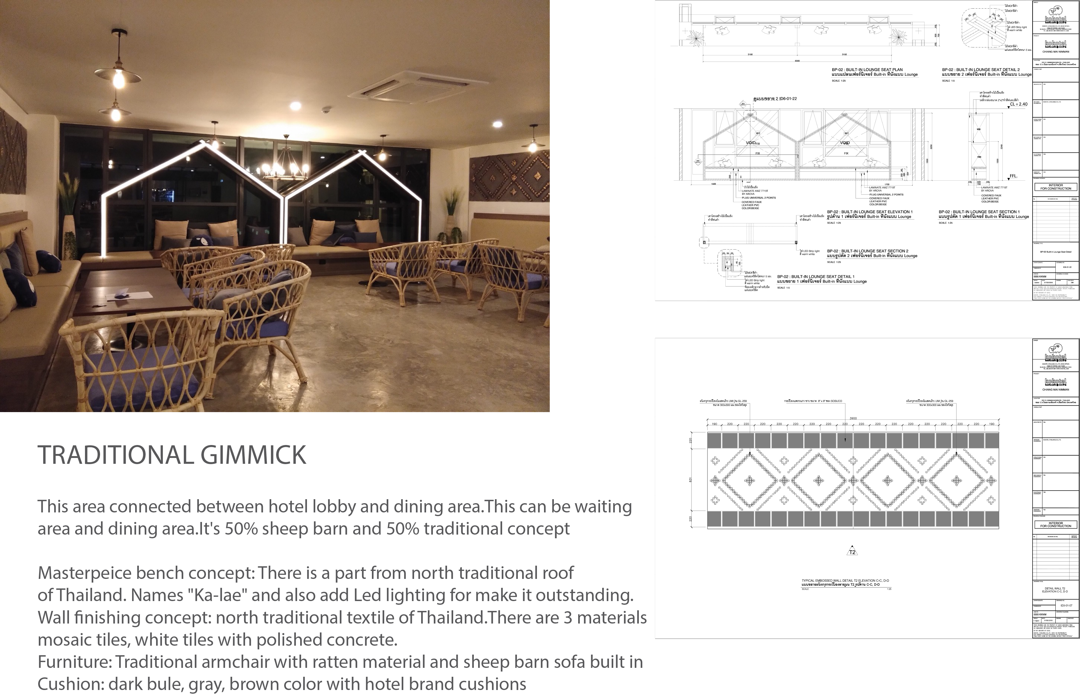 Traditional gimmick concept with built-in lounge seat construction drawings