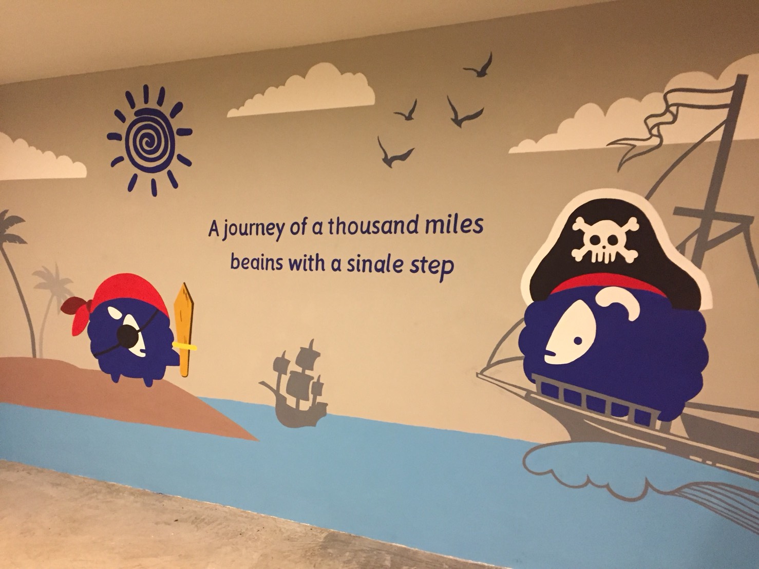 Pirate sheep mural with treasure ship
