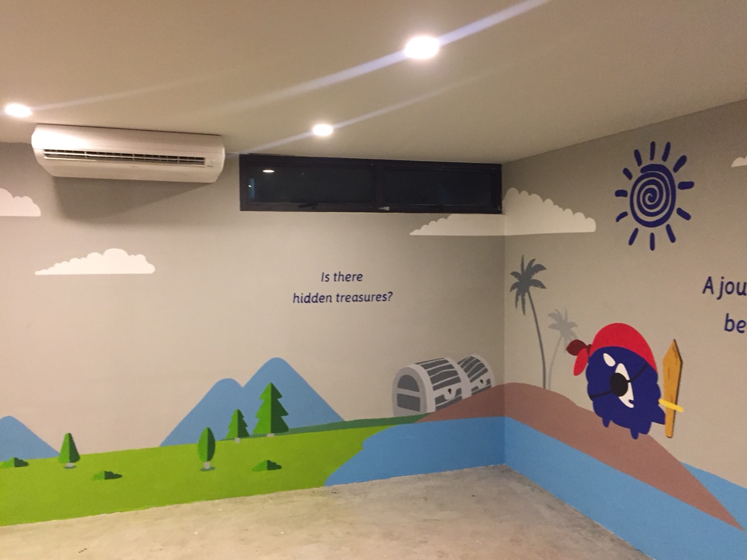Pirate sheep mural with treasure chest and hidden treasures text