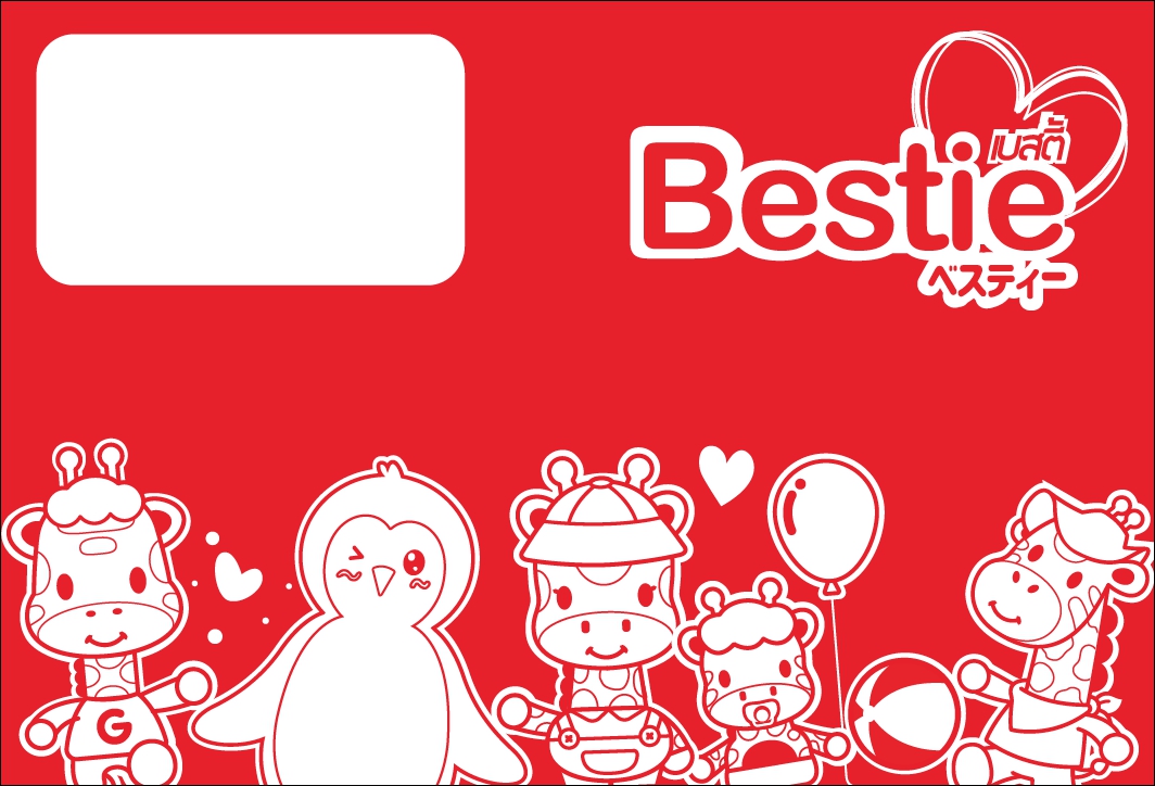 Bestie back packaging with mascot characters